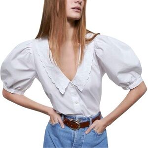 Zara White Scalloped Embroidered Puff Sleeve Blouse V-Neckline Bib Sailor Collar